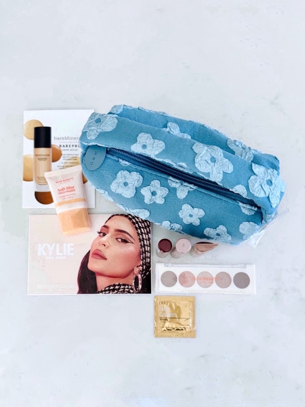 Ulta Beauty Denim Floral Stuffed Cosmetic & Make-Up Bag BUNDLE, Travel Samples